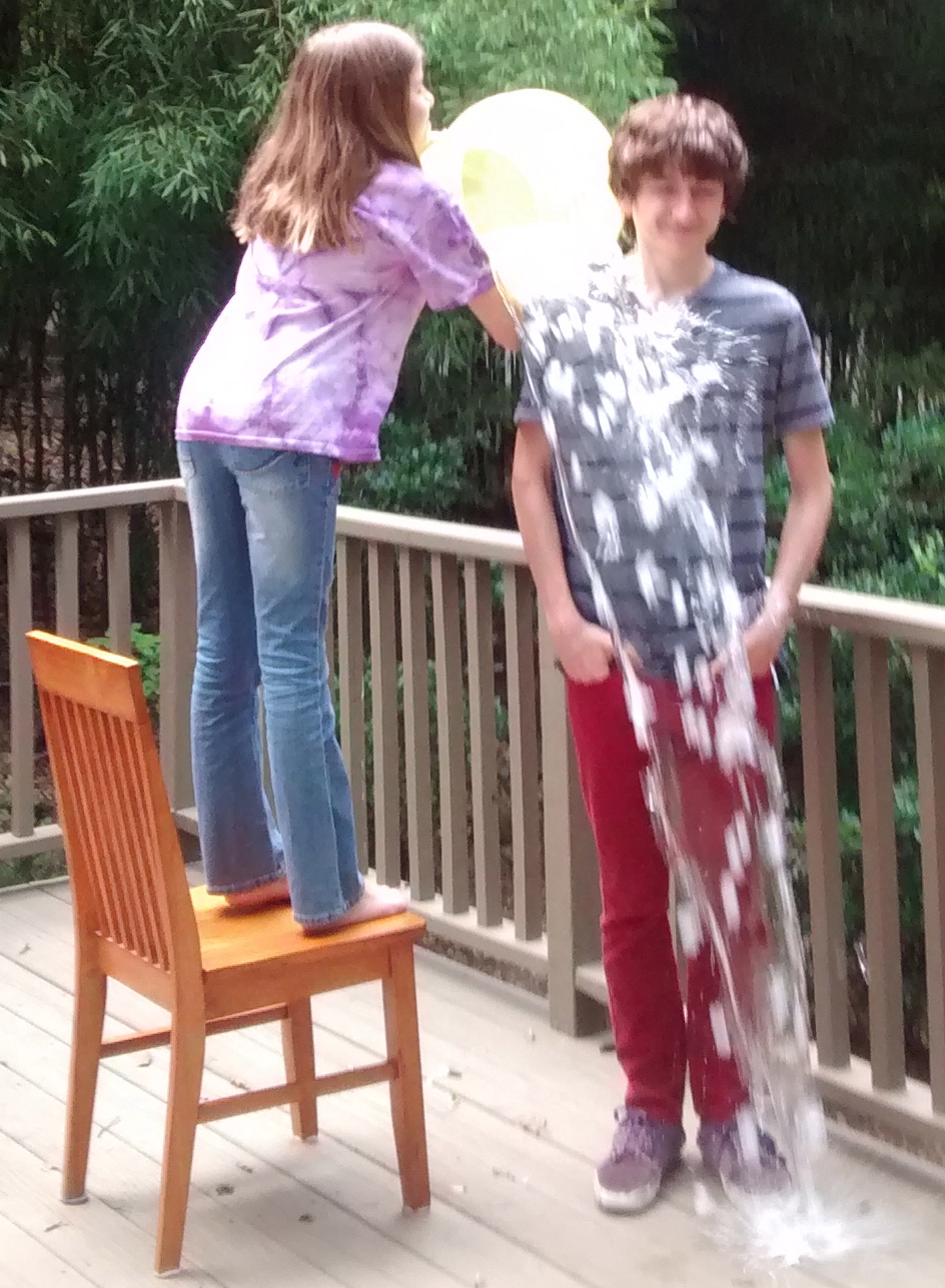 A participant is doused with water by his sister outdoors during the 2014 Ice Bucket Challenge.