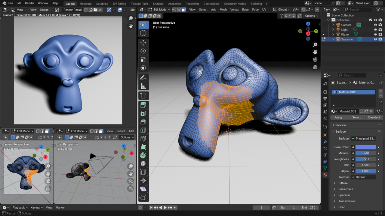 An English-language Blender 4.3.2 interface with the built-in Suzanne monkey mesh.