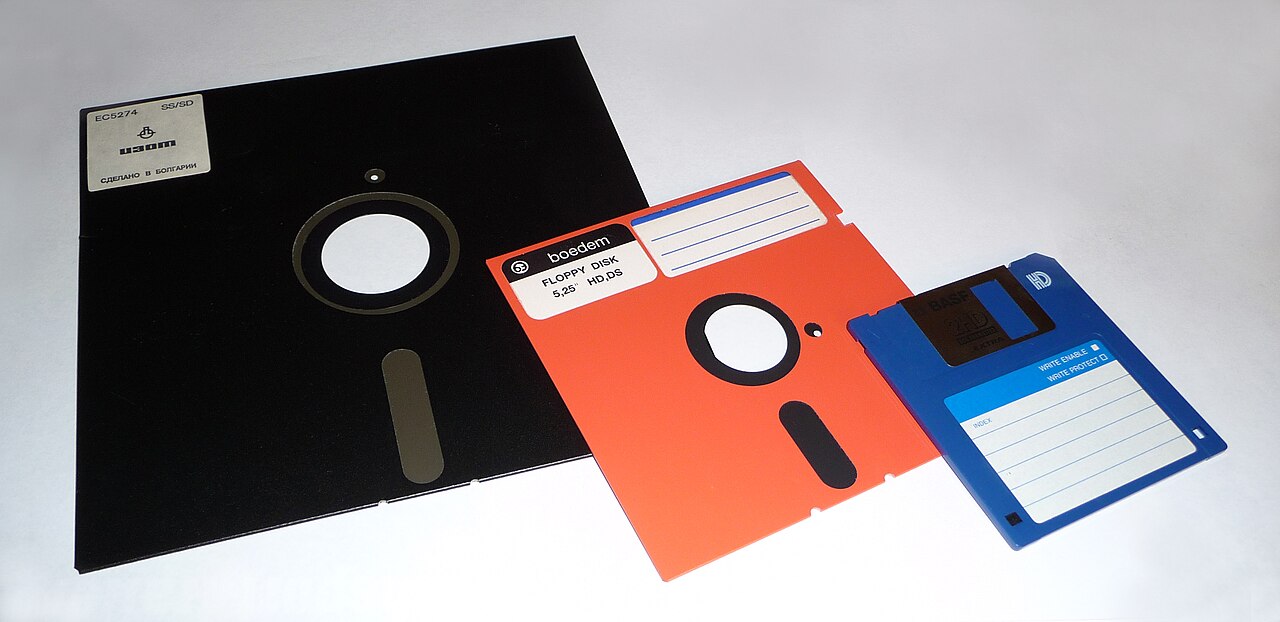 Eight-inch, 5.25-inch and 3.5-inch floppy disks together.