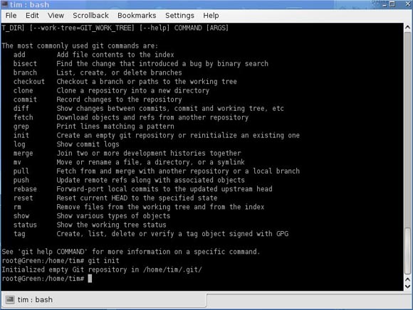 A terminal screenshot dated July 2010, showing Git command help and the initialization of an empty repository.