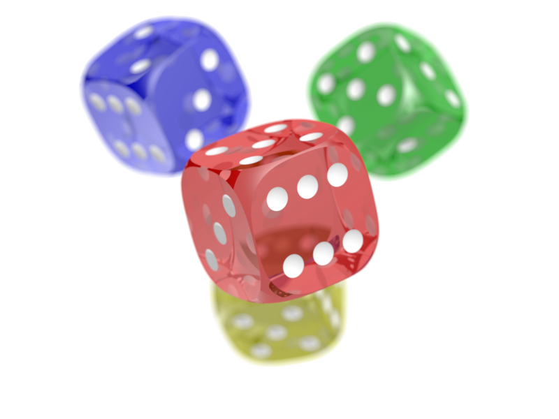 Four translucent colored dice demonstrate PNG alpha transparency in a rendering revised in 2019 from earlier 2005 and 2009 versions.