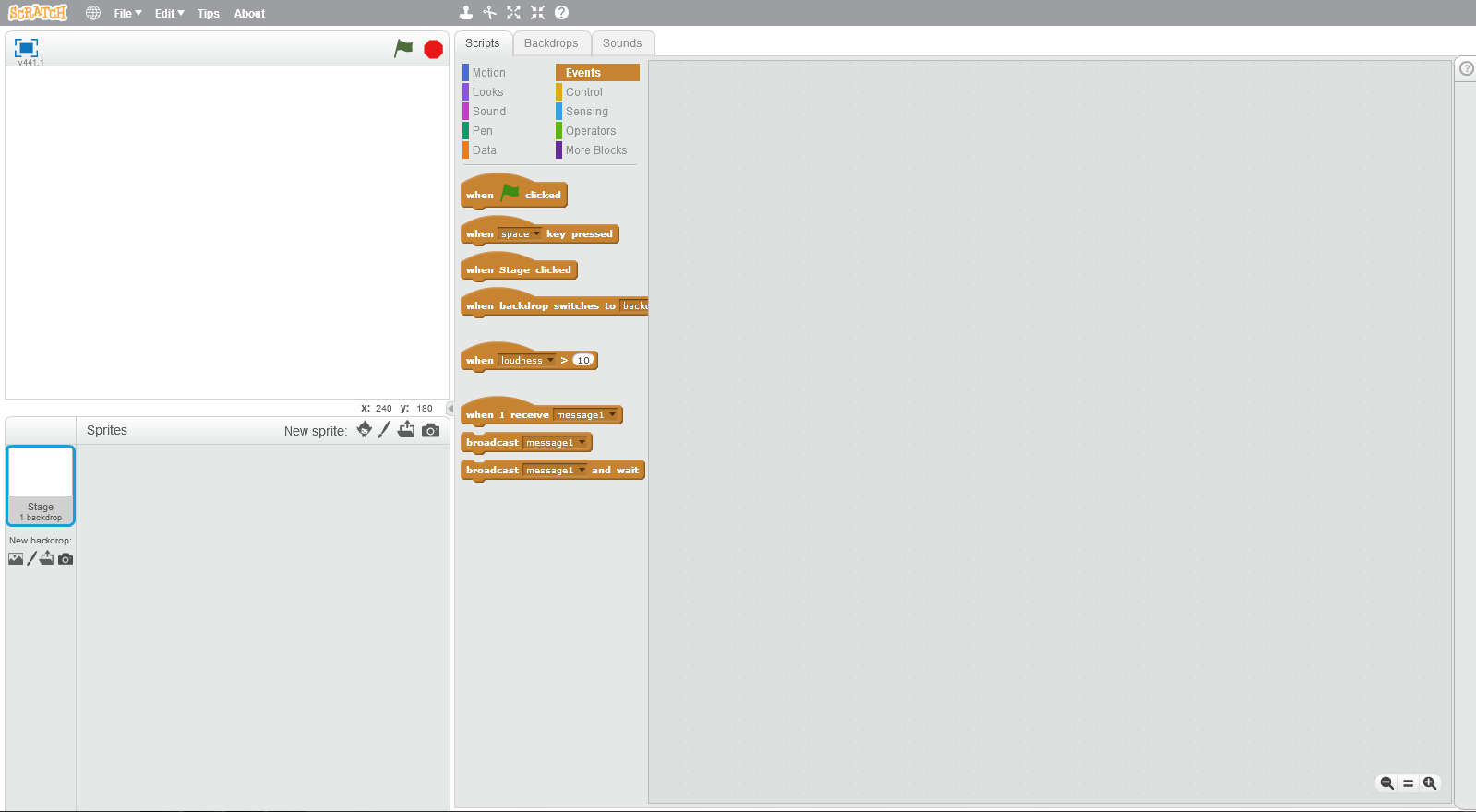 A blank Scratch 2.0 offline editor captured in 2015, with its block palette, stage and sprite area.
