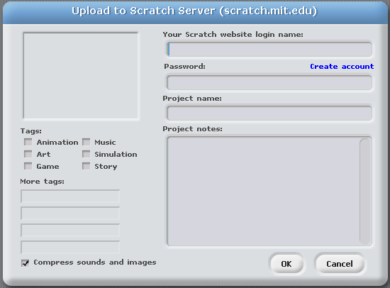 The Scratch 1.4 upload dialog, documented in October 2009. This later interface shows the step from a local project to online sharing.