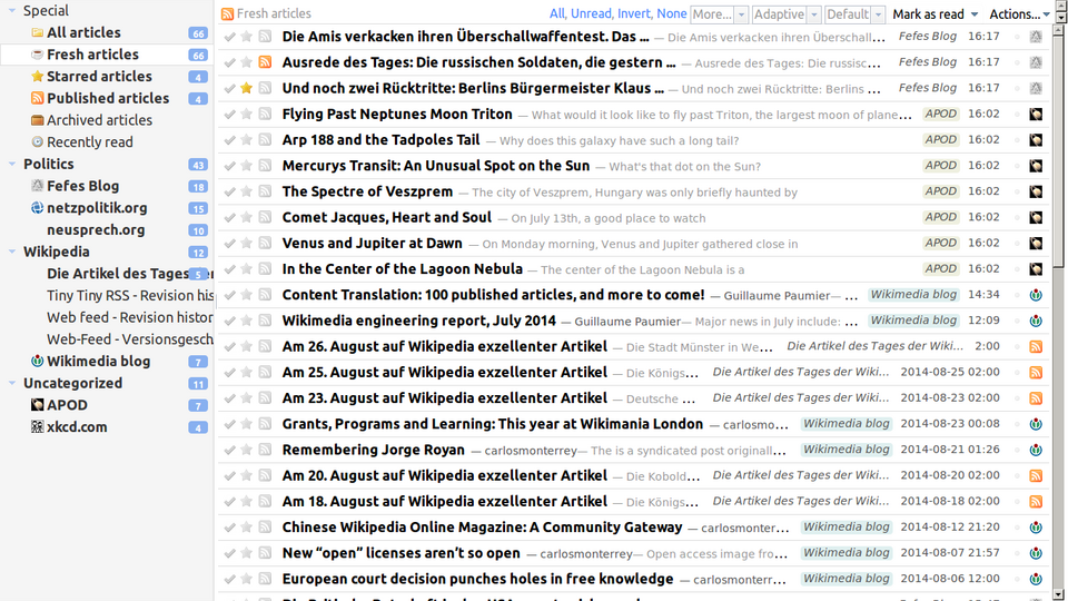 Tiny Tiny RSS with its English interface in August 2014: subscribed feeds and reading controls in one workspace.