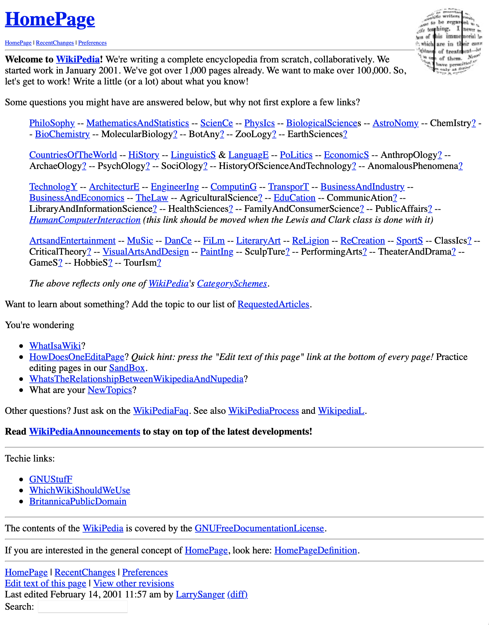 A 2021 reconstruction of Wikipedia’s home page from its 19 February 2001 database dump. The screenshot shows the early text-led editing environment.